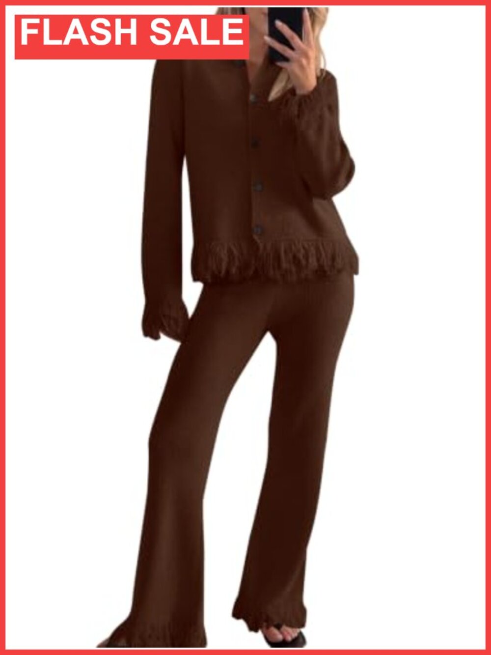 Womens Fringe Button Up Cardigan Sweater Set Flare Pants 2 Piece